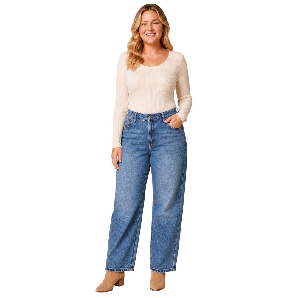 Good American Good Ease Mid Rise Relaxed Jeans Blue Denim Plus Size 18